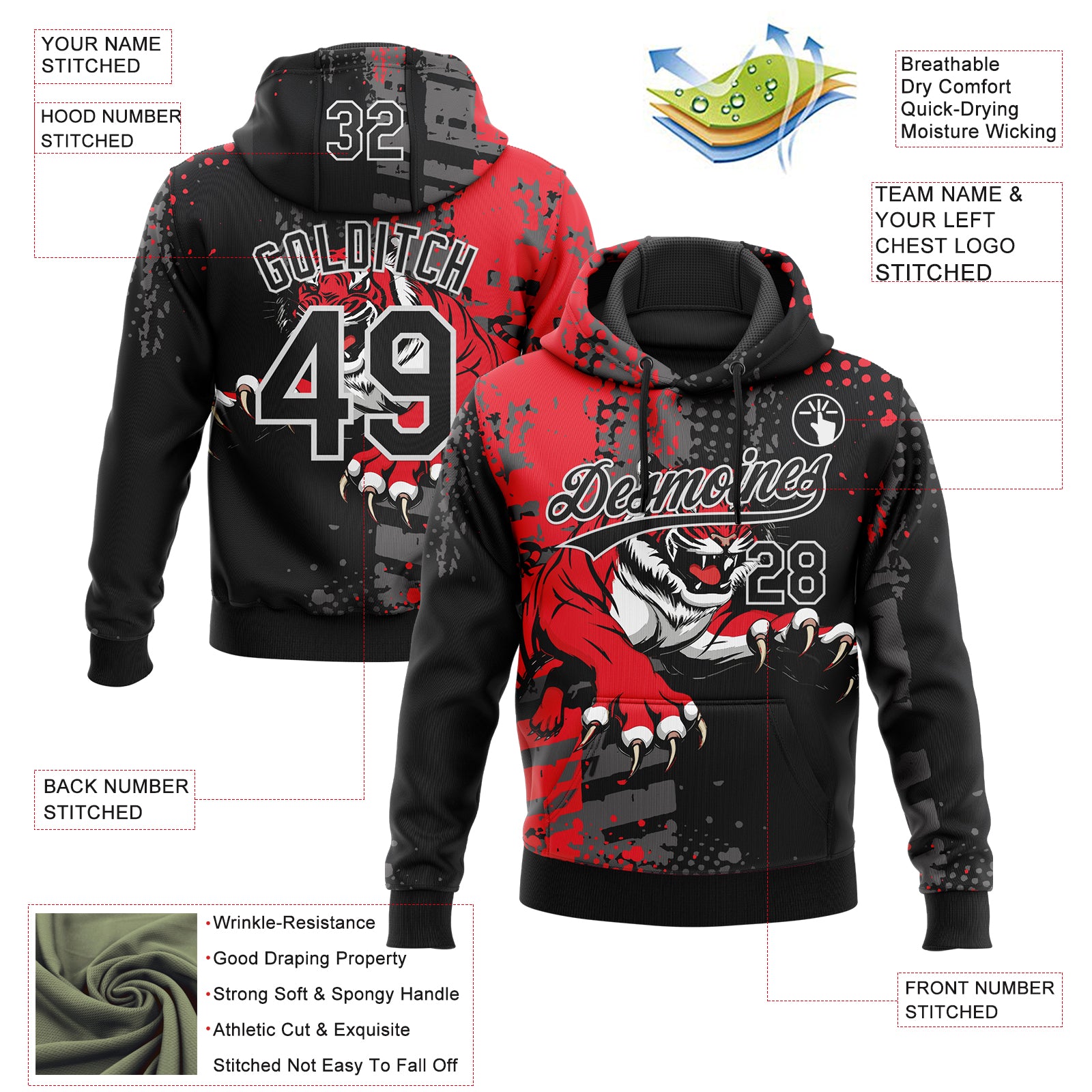 Custom Stitched Black Red Gray-White 3D Pattern Design Animal Tiger Sports Pullover Sweatshirt Hoodie