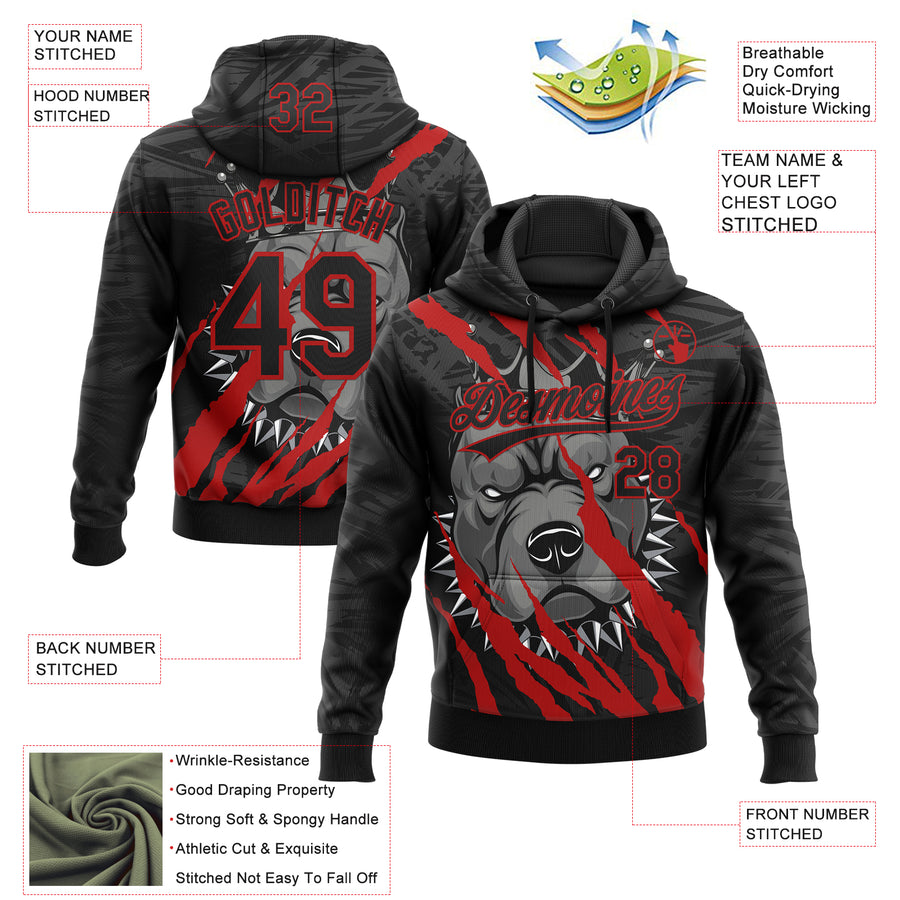 Custom Stitched Black Red Gray-White 3D Pattern Design Animal Pitbull Dog Sports Pullover Sweatshirt Hoodie