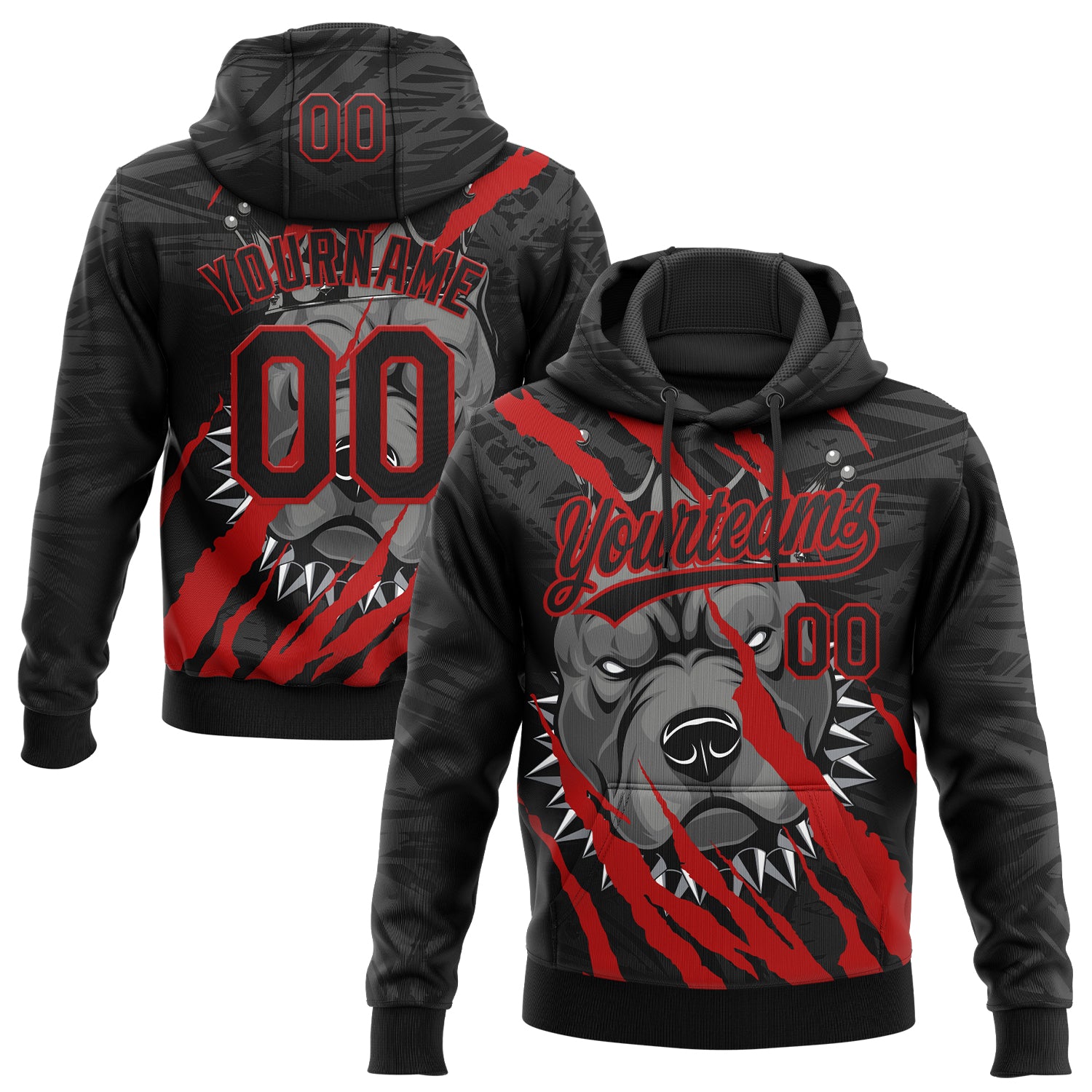 Custom Stitched Black Red Gray-White 3D Pattern Design Animal Pitbull Dog Sports Pullover Sweatshirt Hoodie