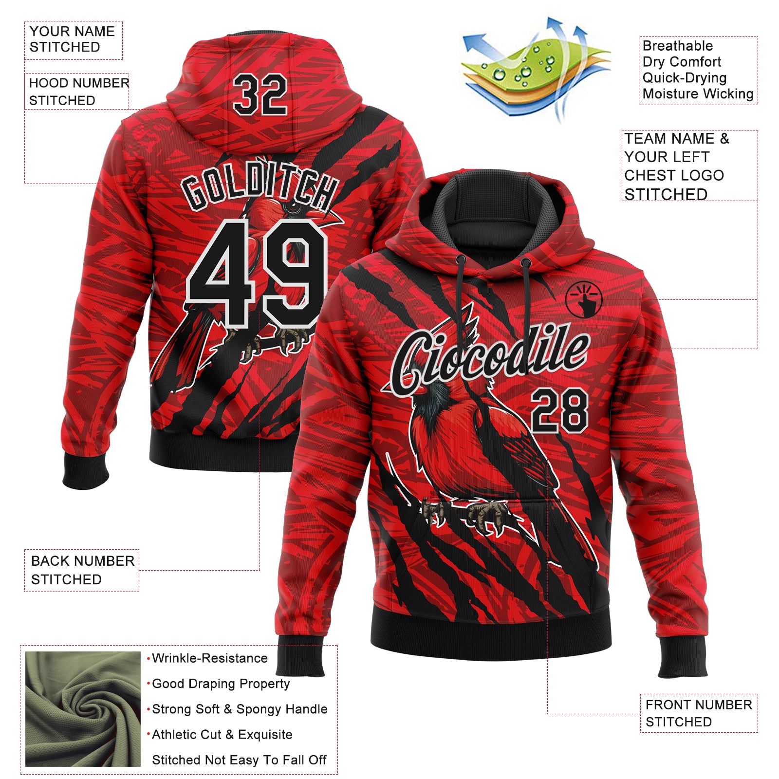 Custom Stitched Red Black Gray-White 3D Pattern Design Animal Cardinal Bird Sports Pullover Sweatshirt Hoodie
