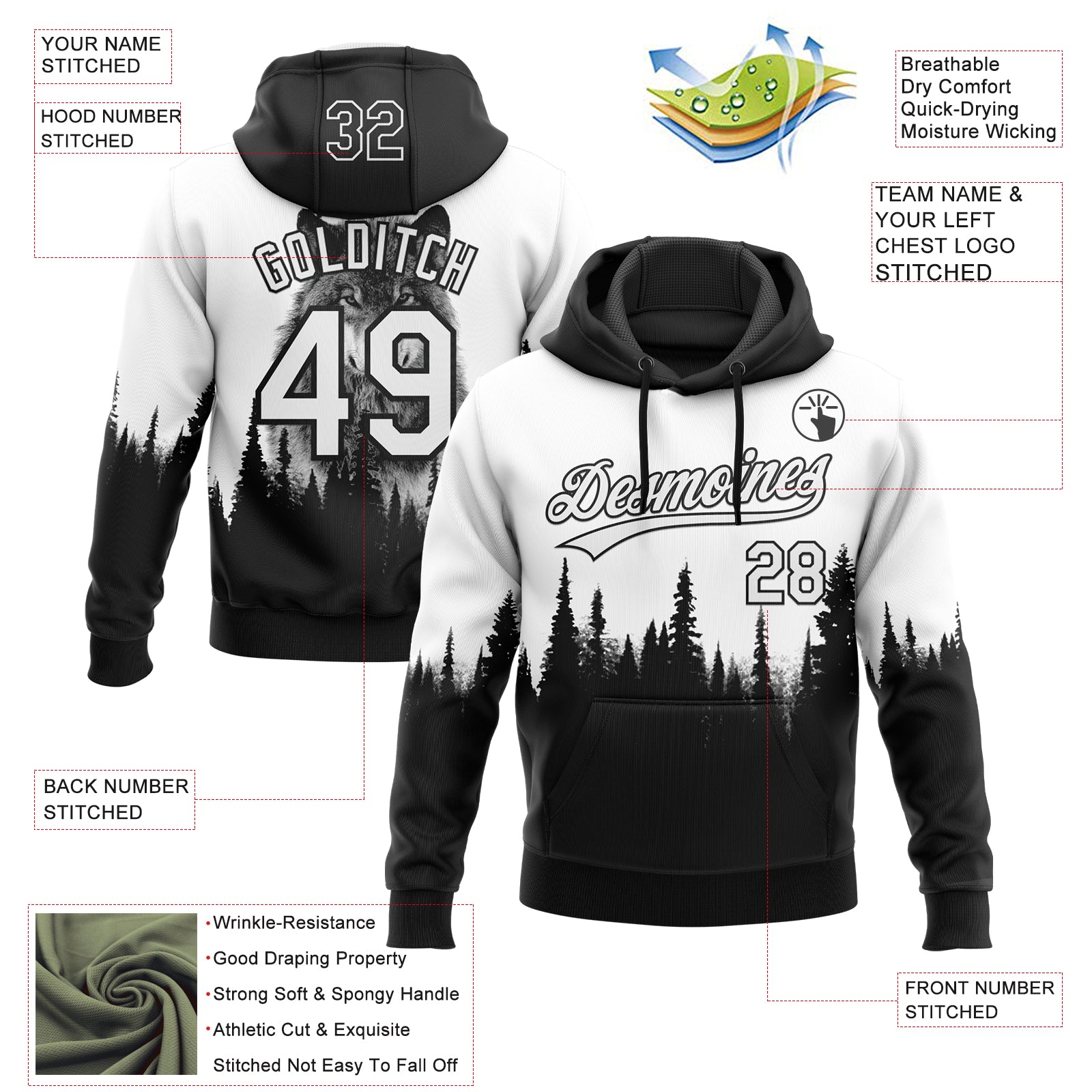 Custom Stitched White Black 3D Pattern Design Animal Wolf Sports Pullover Sweatshirt Hoodie