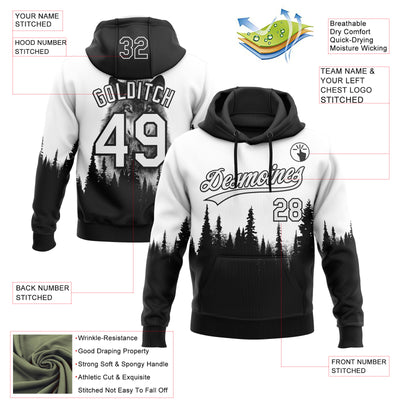 Custom Stitched White Black 3D Pattern Design Animal Wolf Sports Pullover Sweatshirt Hoodie