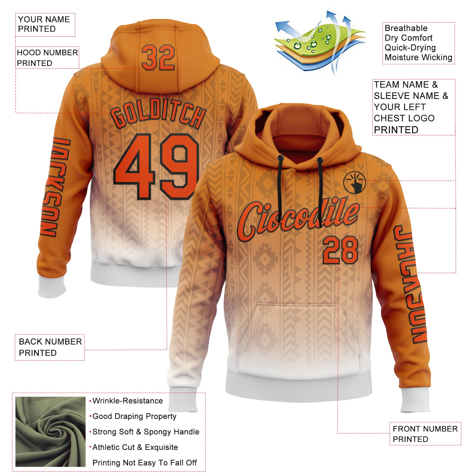 Custom Orange White-Black 3D Pattern Design Ethnic Tribal Sportswear Pullover Sweatshirt Hoodie
