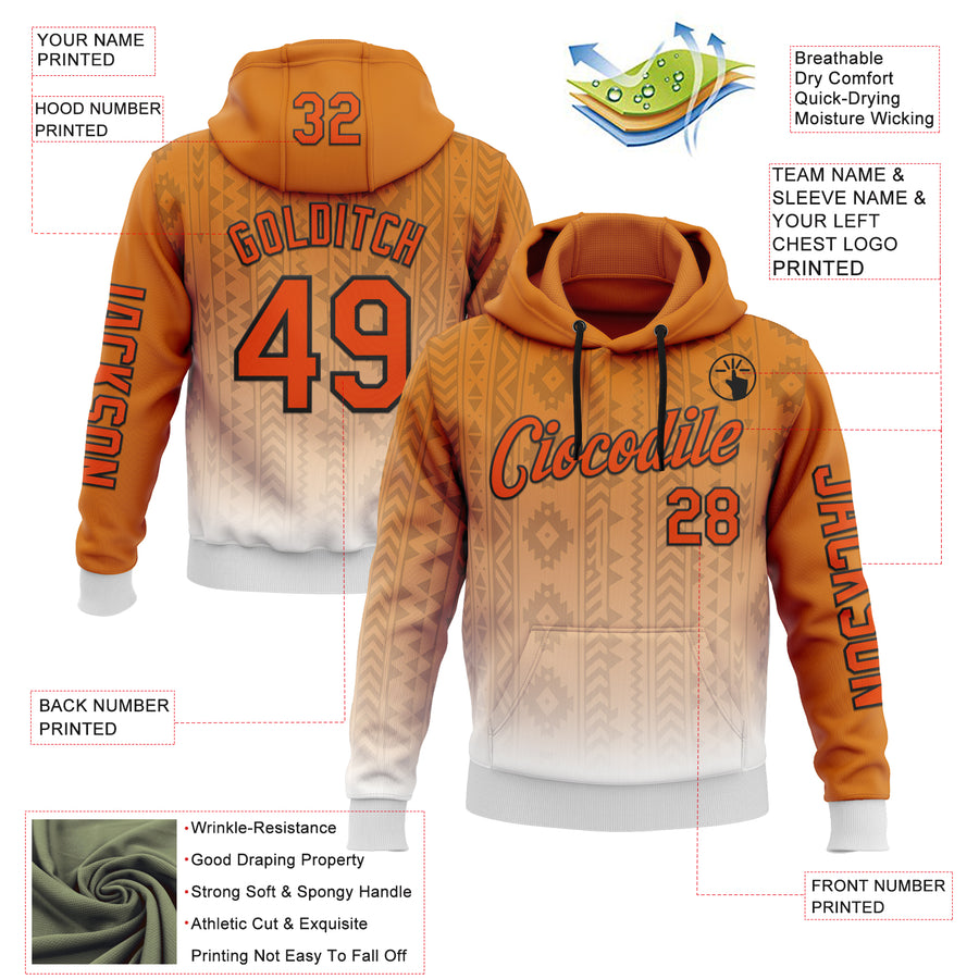 Custom Orange White-Black 3D Pattern Design Ethnic Tribal Sportswear Pullover Sweatshirt Hoodie