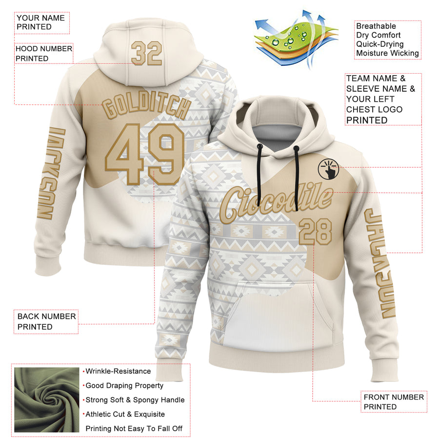 Custom Cream City Cream White-Old Gold 3D Pattern Design Ethnic Tribal Sportswear Pullover Sweatshirt Hoodie