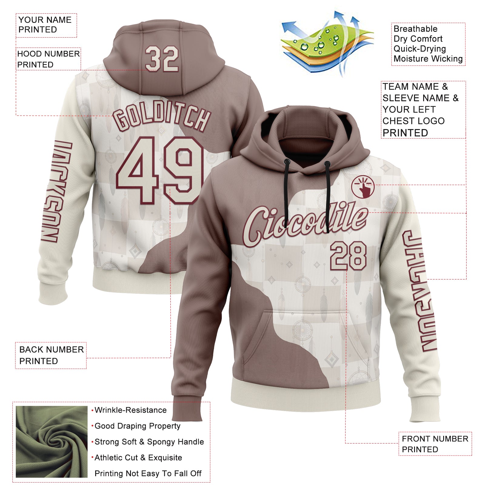 Custom Cream Burgundy 3D Pattern Design Ethnic Tribal Sportswear Pullover Sweatshirt Hoodie