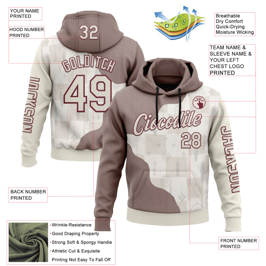 Custom Cream Burgundy 3D Pattern Design Ethnic Tribal Sportswear Pullover Sweatshirt Hoodie