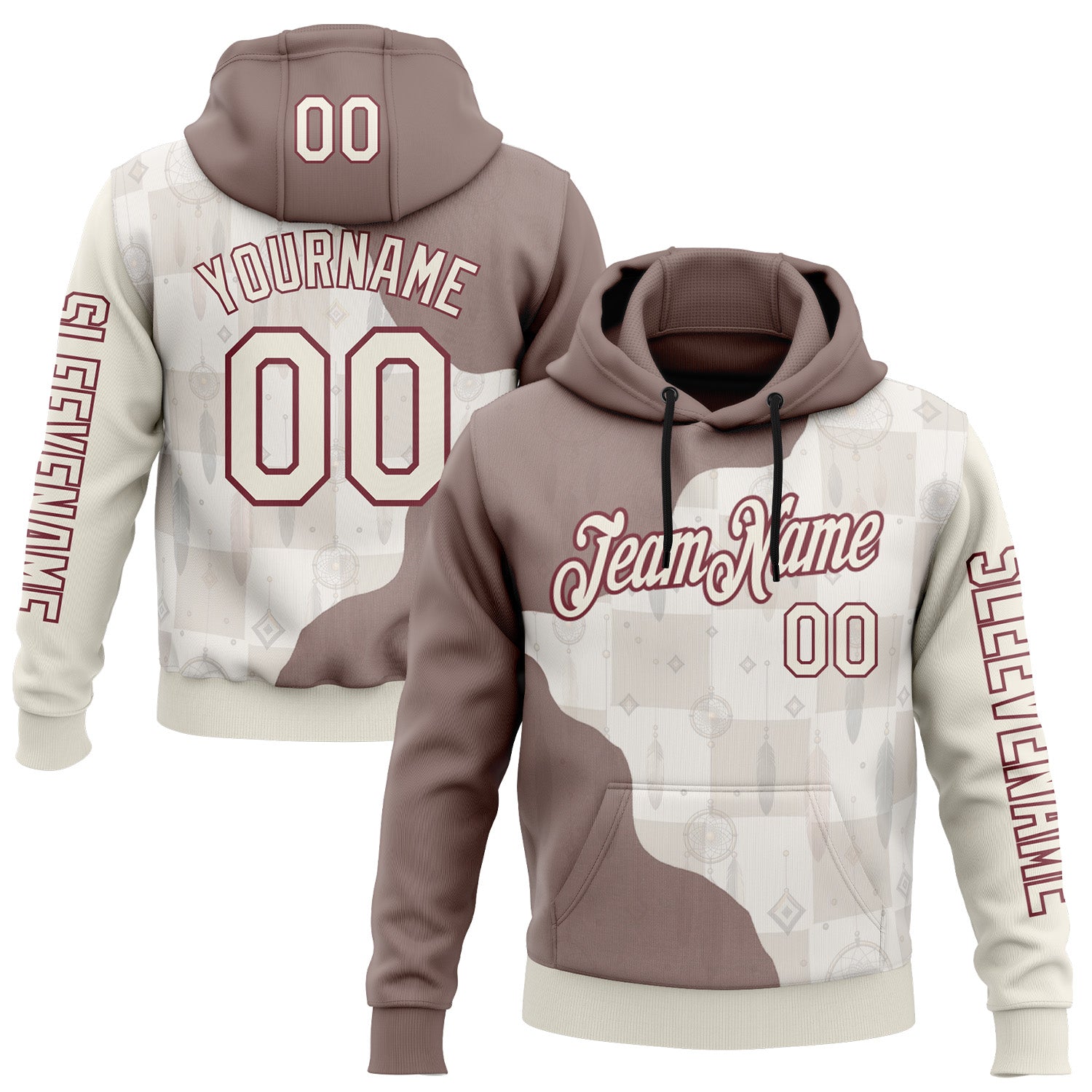Custom Cream Burgundy 3D Pattern Design Ethnic Tribal Sportswear Pullover Sweatshirt Hoodie