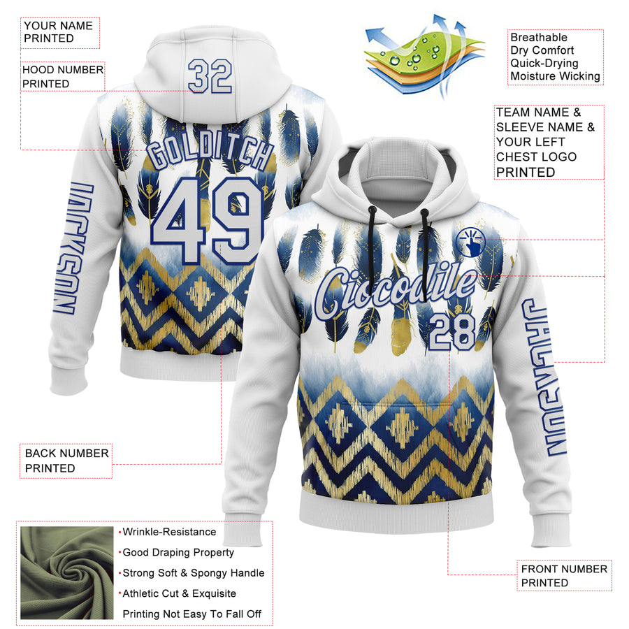 Custom White Royal 3D Pattern Design Native American Tribal Sportswear Pullover Sweatshirt Hoodie
