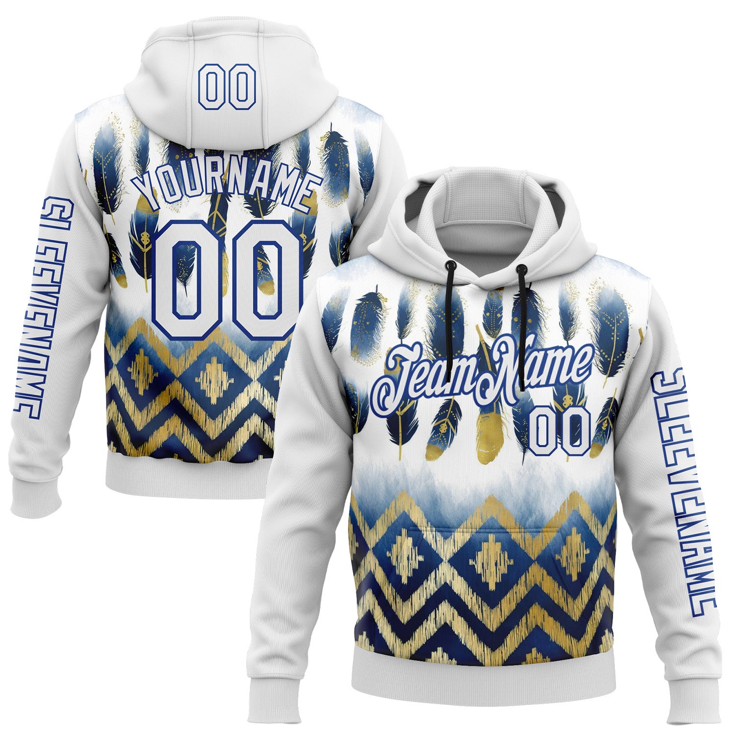 Custom White Royal 3D Pattern Design Native American Tribal Sportswear Pullover Sweatshirt Hoodie