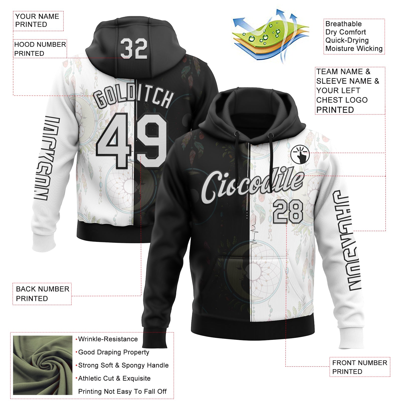 Custom White Black 3D Pattern Design Dreamcatcher Tribal Sportswear Pullover Sweatshirt Hoodie