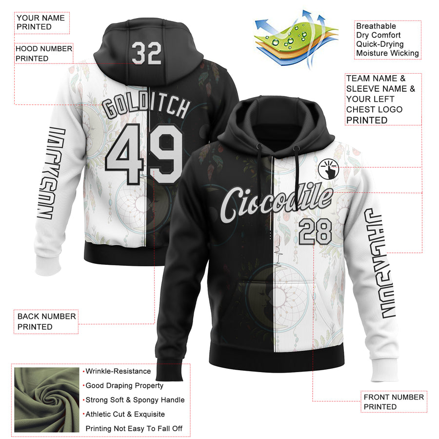 Custom White Black 3D Pattern Design Dreamcatcher Tribal Sportswear Pullover Sweatshirt Hoodie