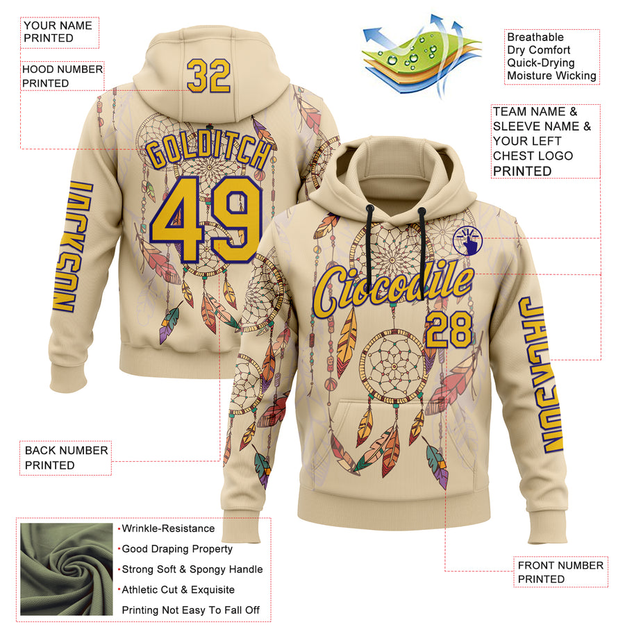Custom City Cream Yellow-Dark Purple 3D Pattern Design Dreamcatcher Tribal Sportswear Pullover Sweatshirt Hoodie