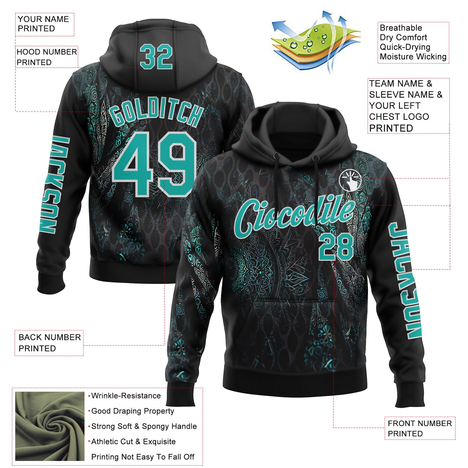 Custom Black Aqua-White 3D Pattern Design Ethnic Tribal Sportswear Pullover Sweatshirt Hoodie