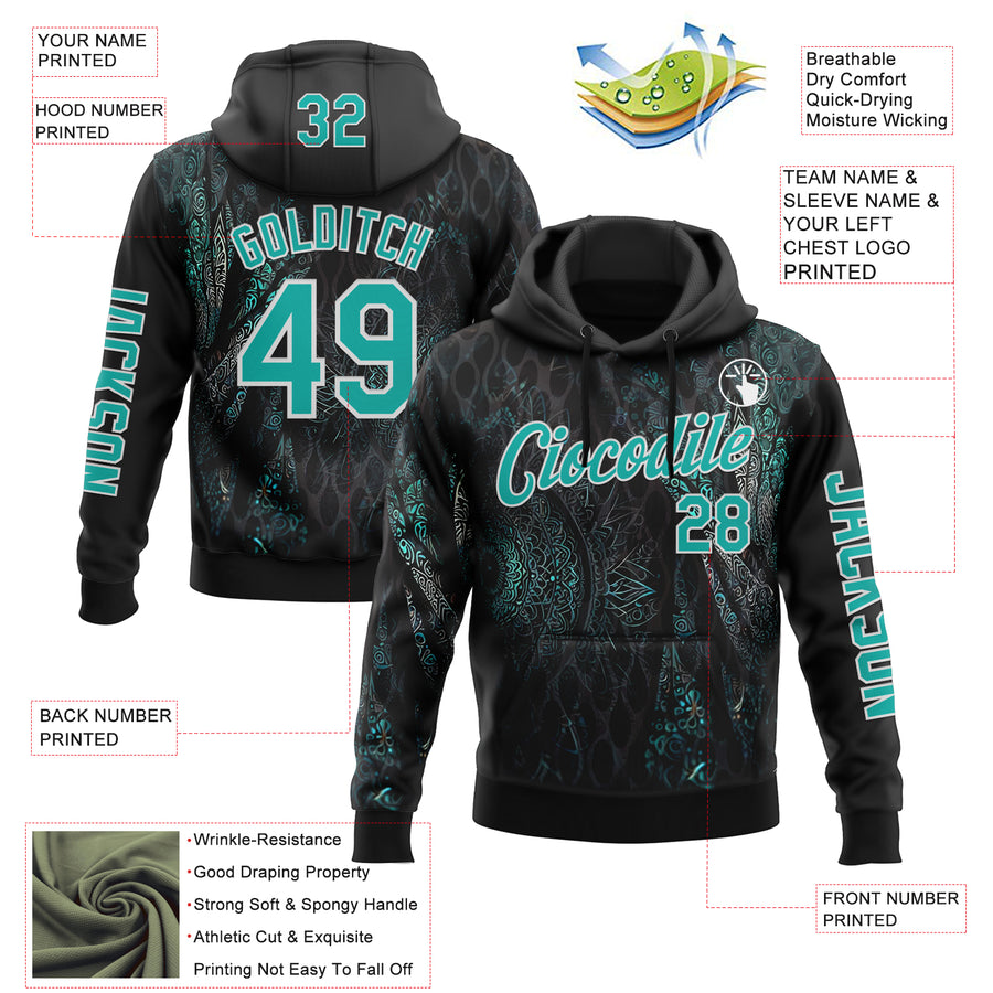 Custom Black Aqua-White 3D Pattern Design Ethnic Tribal Sportswear Pullover Sweatshirt Hoodie