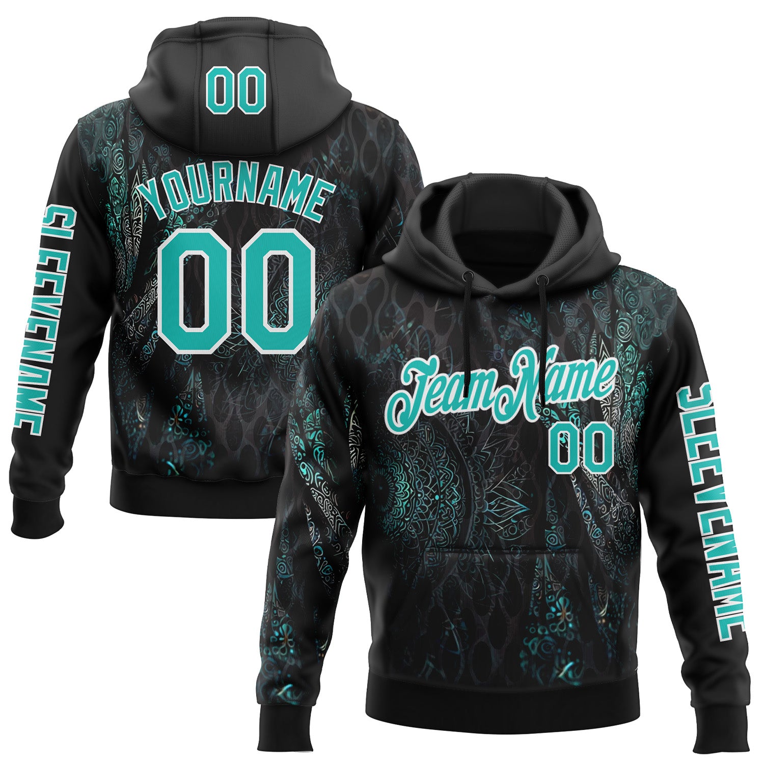 Custom Black Aqua-White 3D Pattern Design Ethnic Tribal Sportswear Pullover Sweatshirt Hoodie