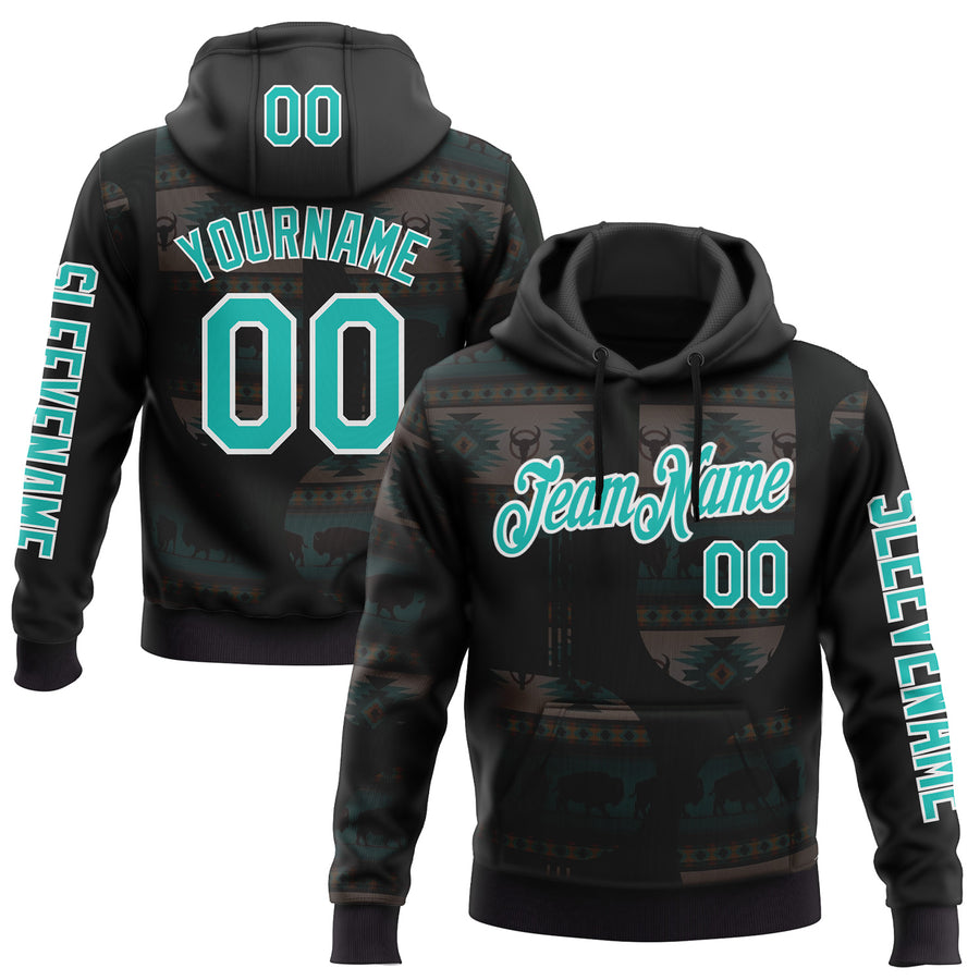 Custom Black Aqua-White 3D Pattern Design Ethnic Tribal Sportswear Pullover Sweatshirt Hoodie