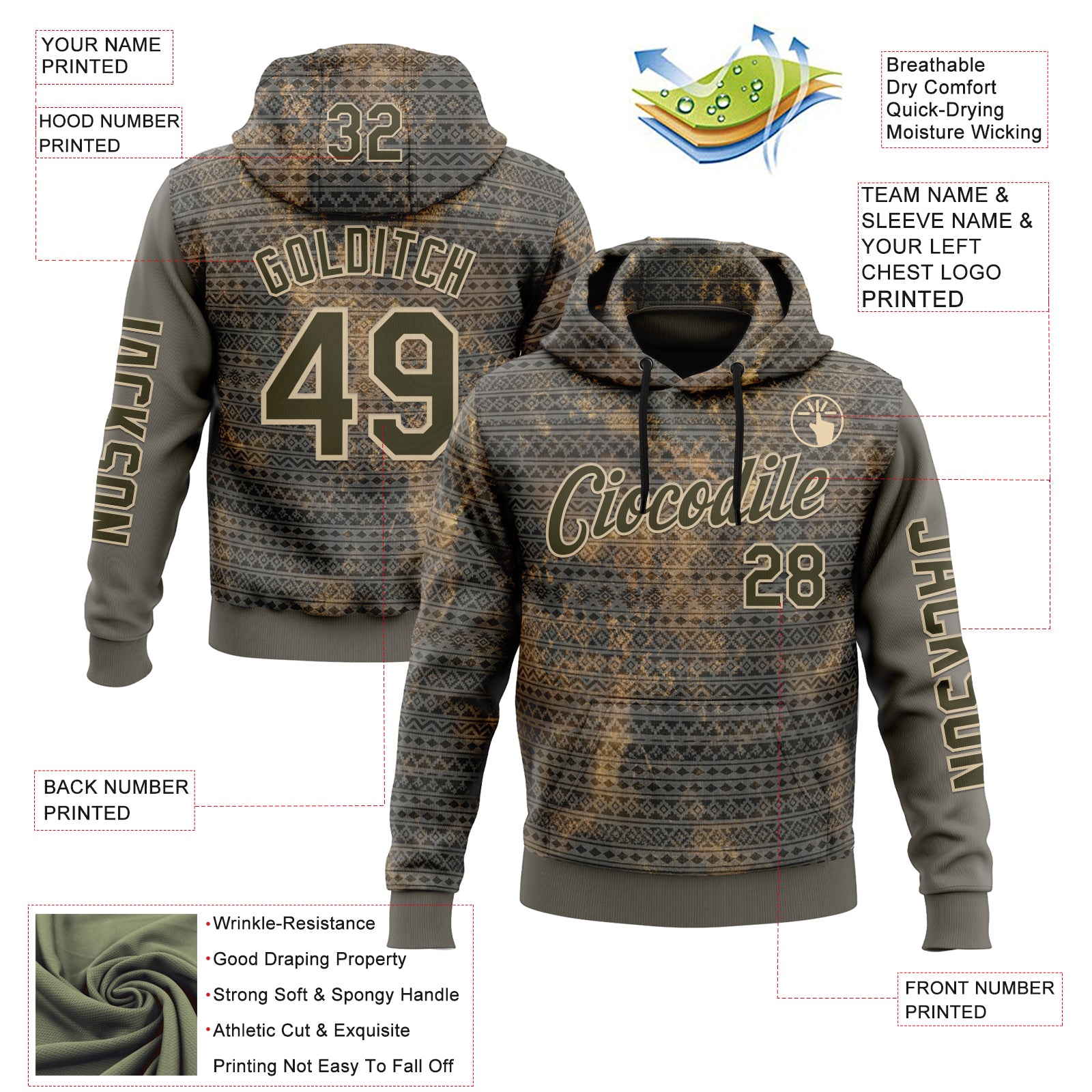 Custom Gray Olive-City Cream 3D Pattern Design Ethnic Tribal Sportswear Pullover Sweatshirt Hoodie