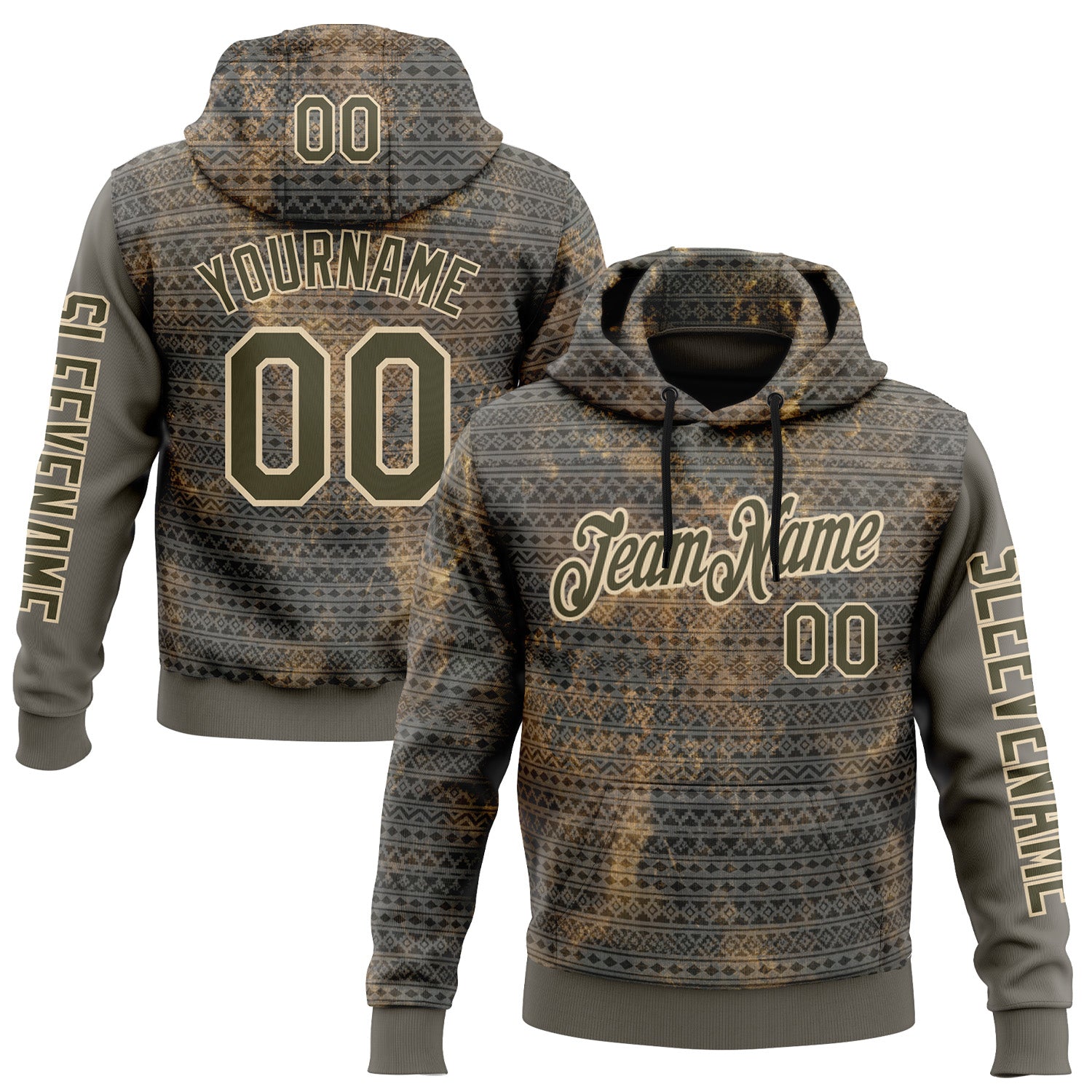 Custom Gray Olive-City Cream 3D Pattern Design Ethnic Tribal Sportswear Pullover Sweatshirt Hoodie