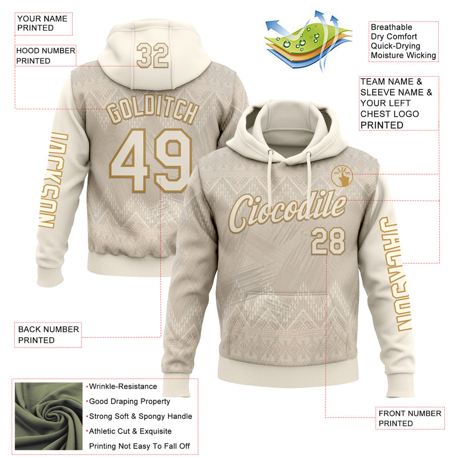 Custom Cream Old Gold 3D Pattern Design Ethnic Tribal Sportswear Pullover Sweatshirt Hoodie
