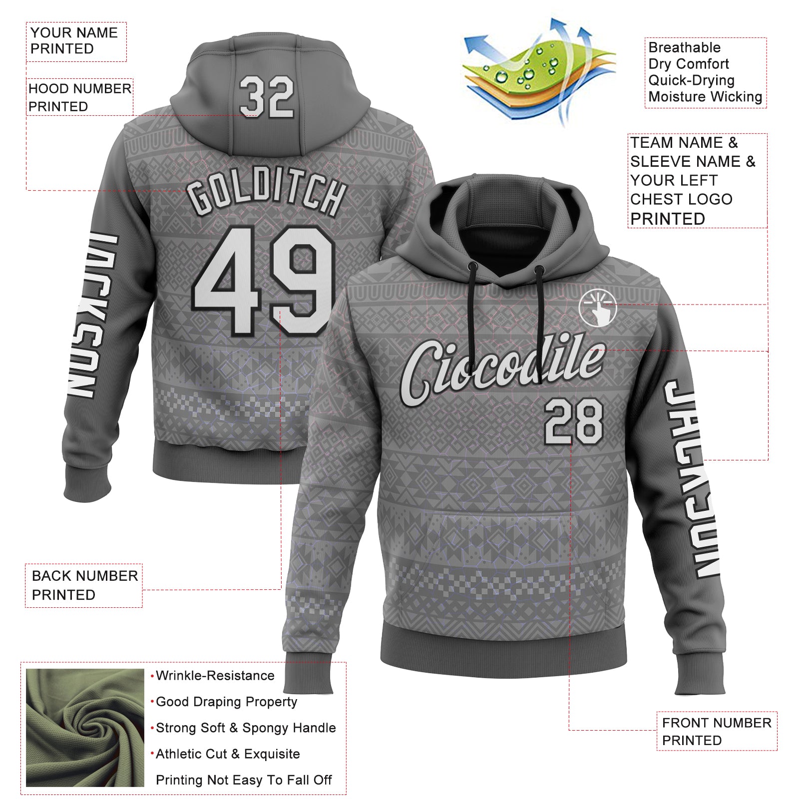 Custom Gray White-Black 3D Pattern Design Ethnic Tribal Sportswear Pullover Sweatshirt Hoodie