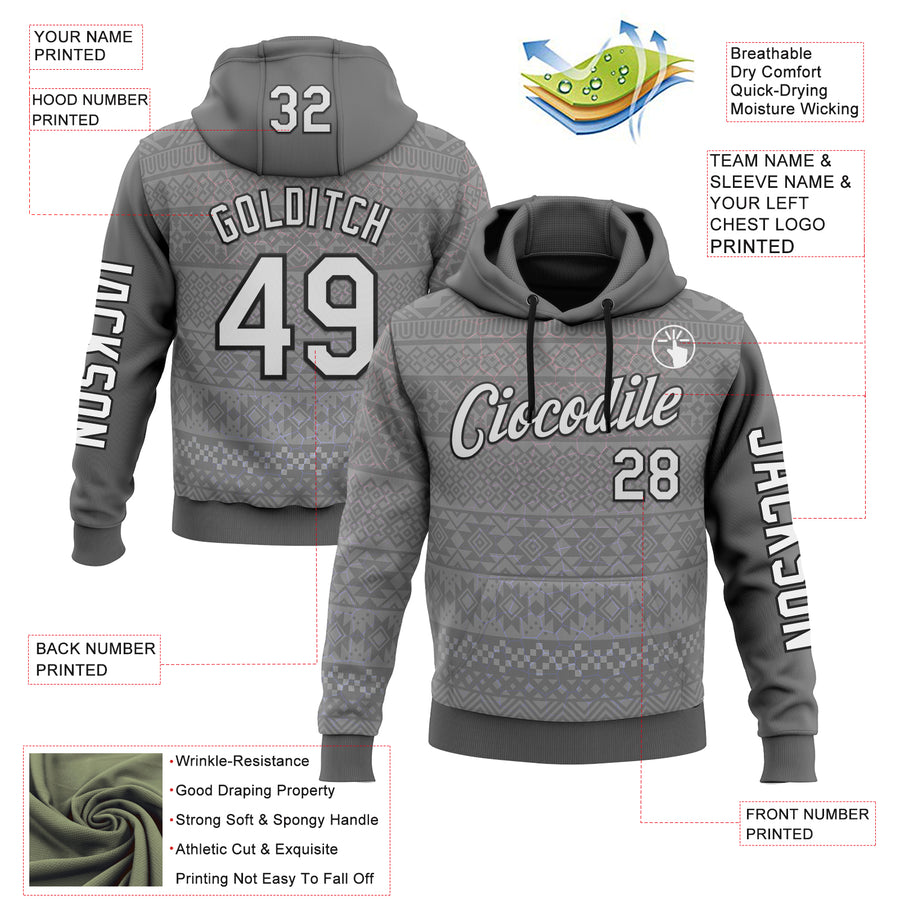 Custom Gray White-Black 3D Pattern Design Ethnic Tribal Sportswear Pullover Sweatshirt Hoodie