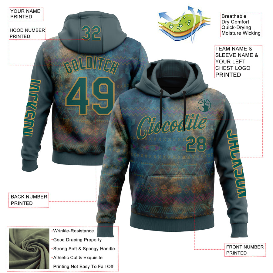 Custom Green Midnight Green-Old Gold 3D Pattern Design Ethnic Tribal Sportswear Pullover Sweatshirt Hoodie