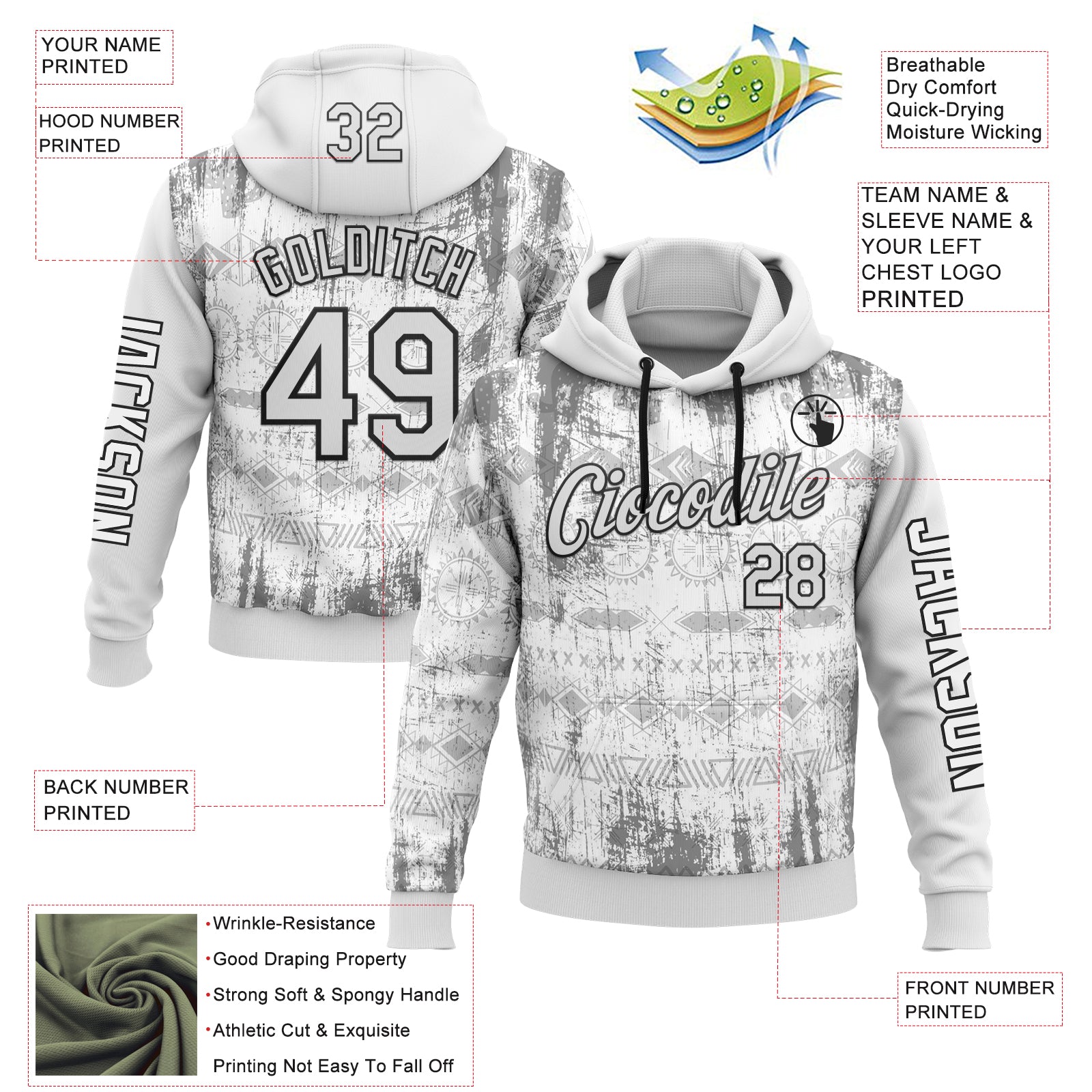 Custom White Black 3D Pattern Design Ethnic Tribal Sportswear Pullover Sweatshirt Hoodie