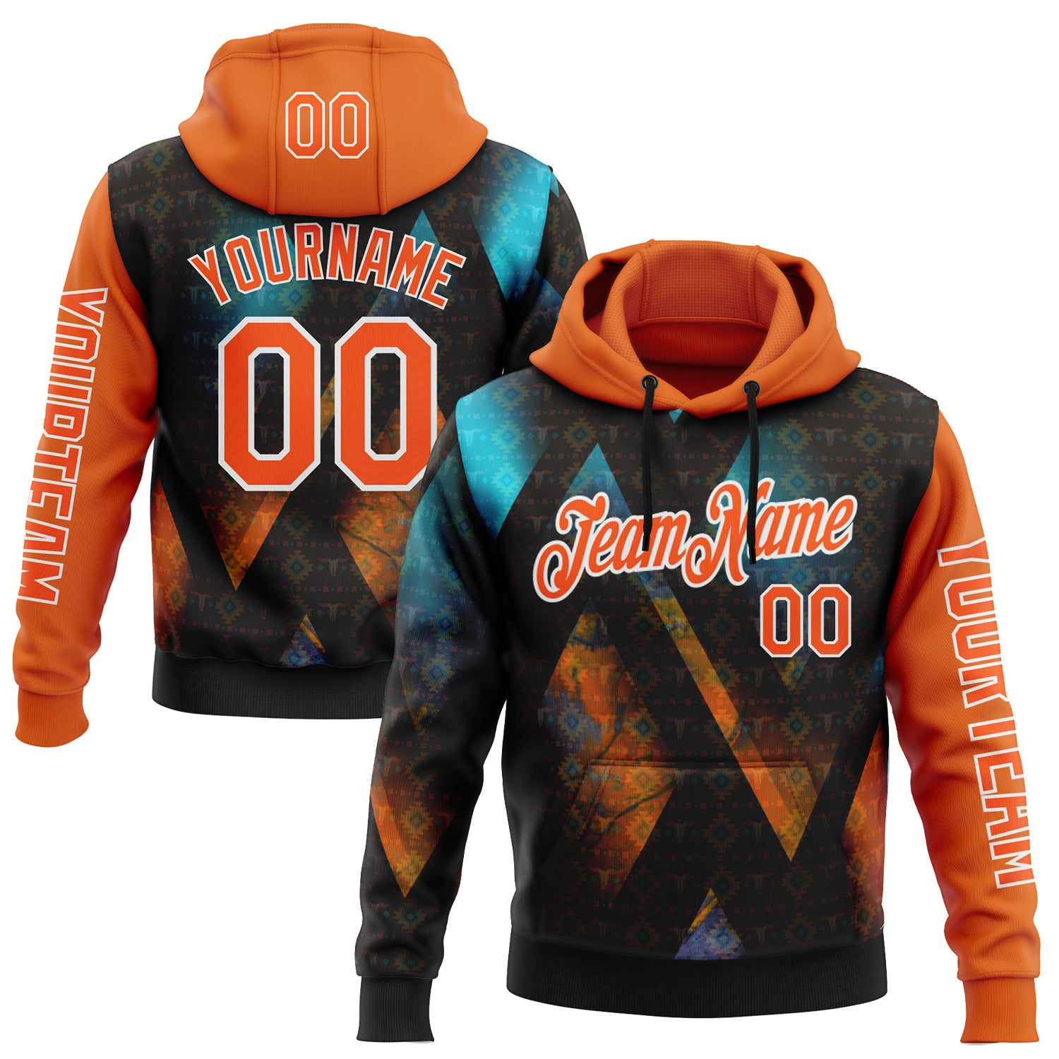 Custom Black Orange-White 3D Pattern Design Ethnic Tribal Sportswear Pullover Sweatshirt Hoodie
