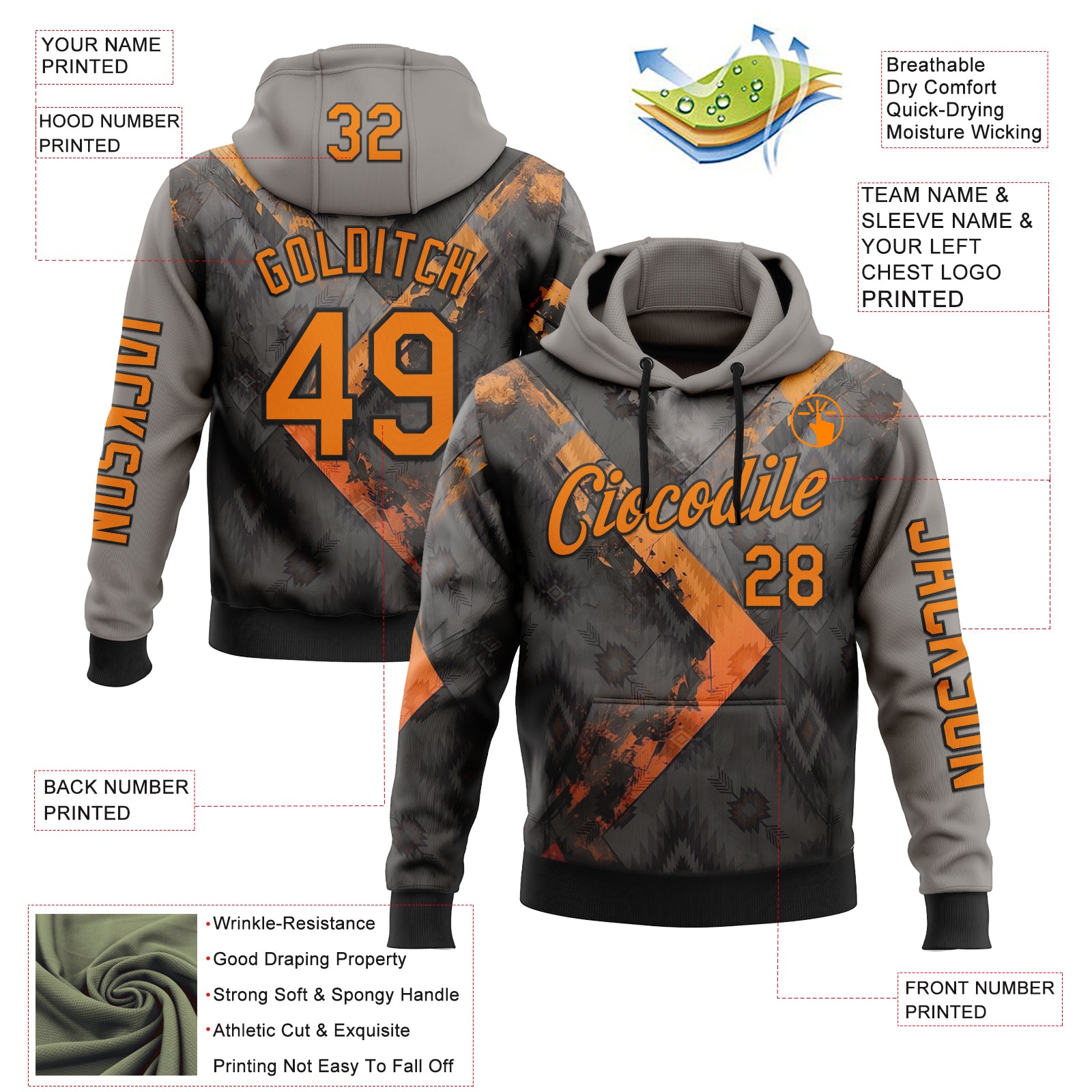 Custom Gray Bay Orange-Black 3D Pattern Design Ethnic Tribal Sportswear Pullover Sweatshirt Hoodie