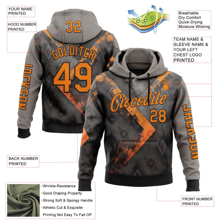 Custom Gray Bay Orange-Black 3D Pattern Design Ethnic Tribal Sportswear Pullover Sweatshirt Hoodie
