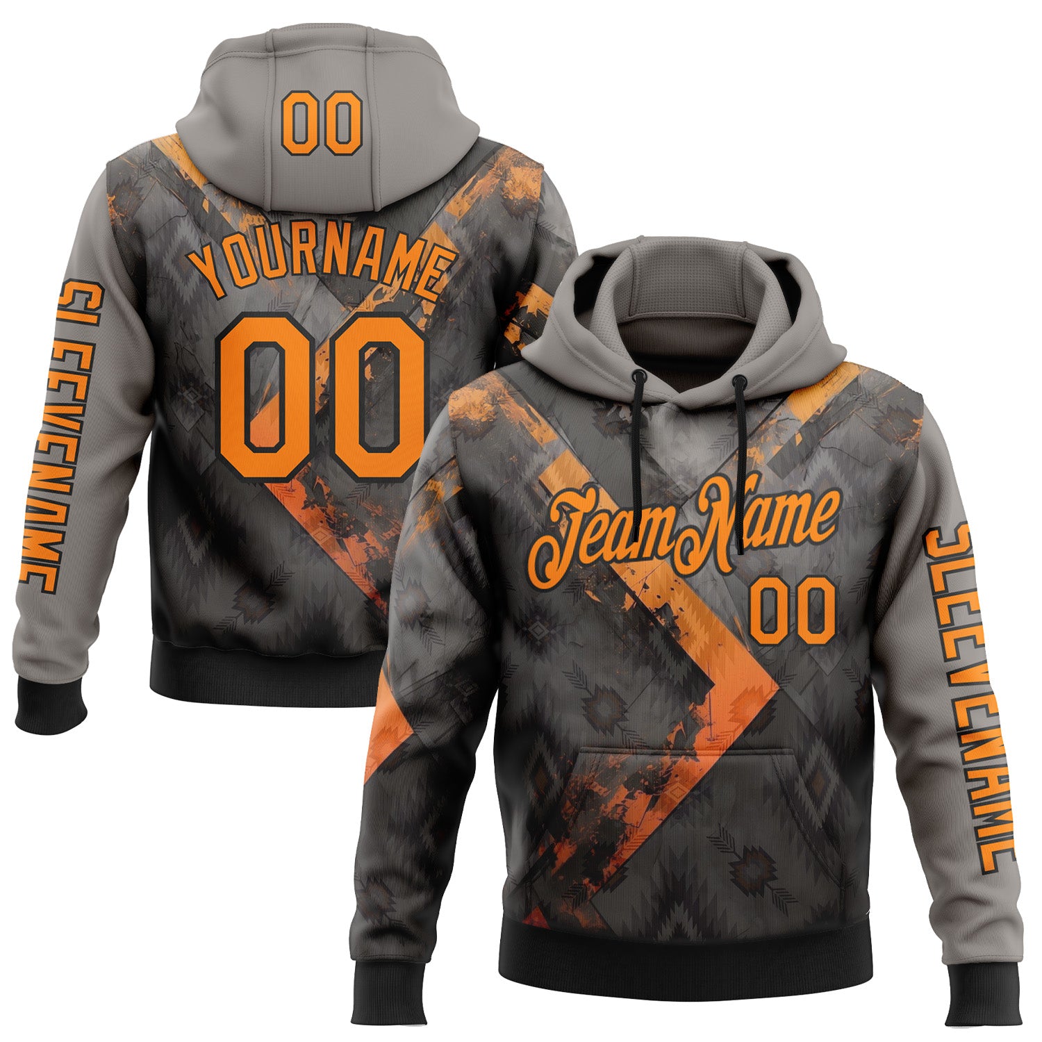 Custom Gray Bay Orange-Black 3D Pattern Design Ethnic Tribal Sportswear Pullover Sweatshirt Hoodie