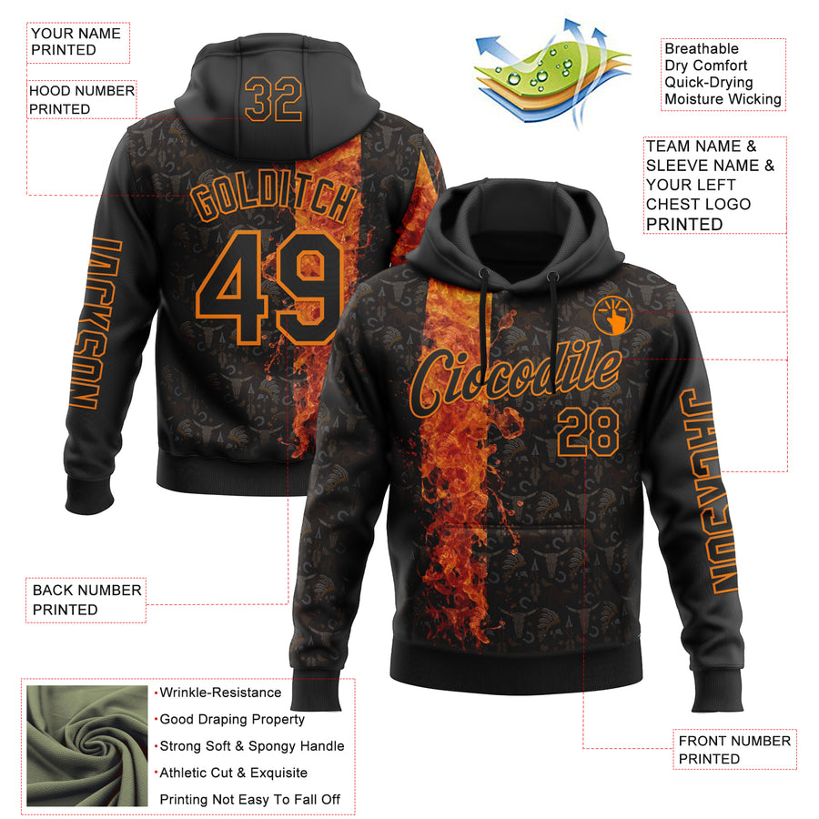 Custom Black Bay Orange 3D Pattern Design Ethnic Tribal Sportswear Pullover Sweatshirt Hoodie