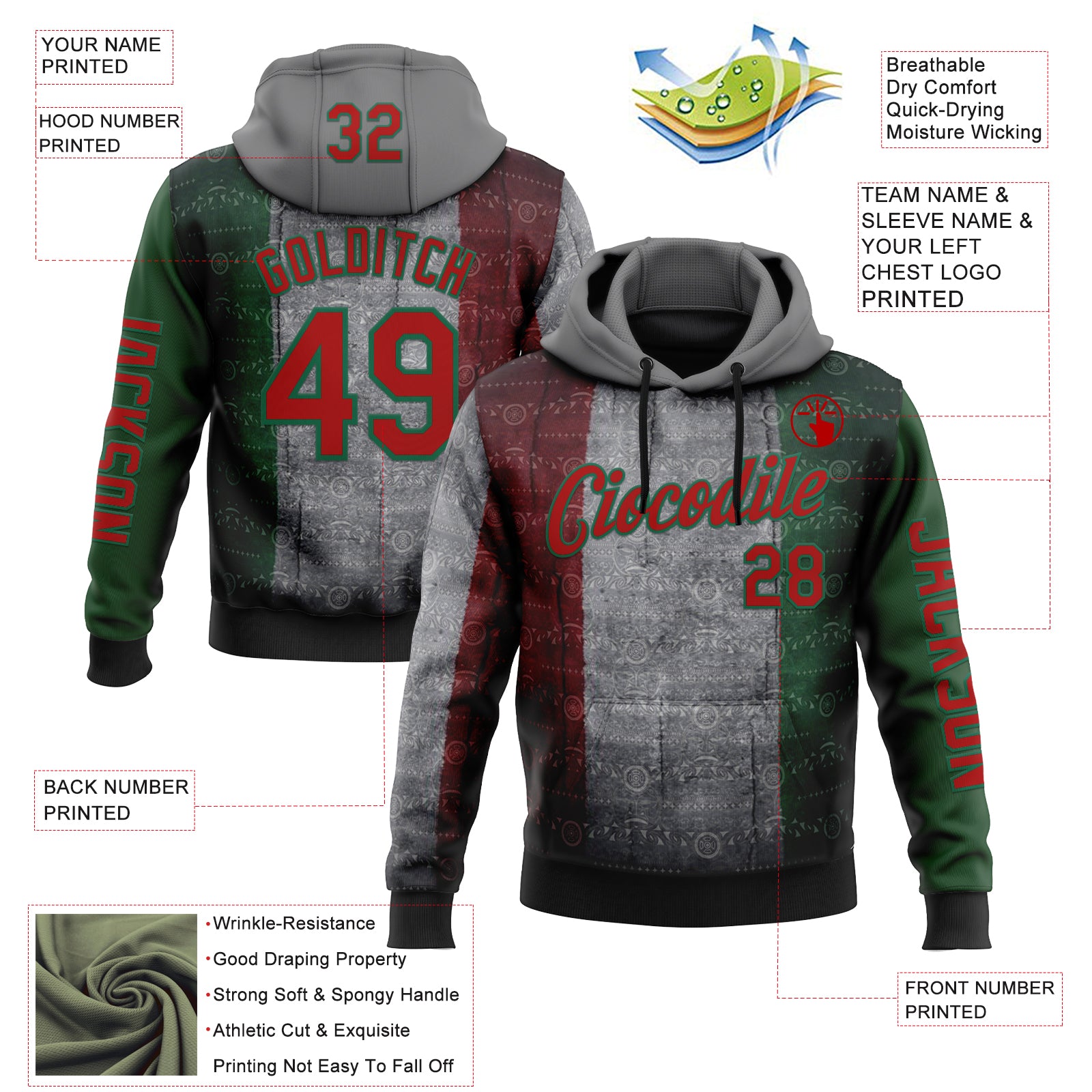 Custom Gray Red-Kelly Green 3D Pattern Design Meixican Tribal Sportswear Pullover Sweatshirt Hoodie