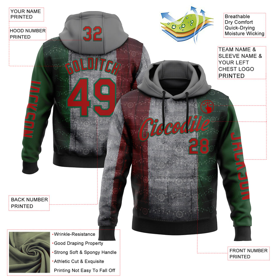 Custom Gray Red-Kelly Green 3D Pattern Design Meixican Tribal Sportswear Pullover Sweatshirt Hoodie