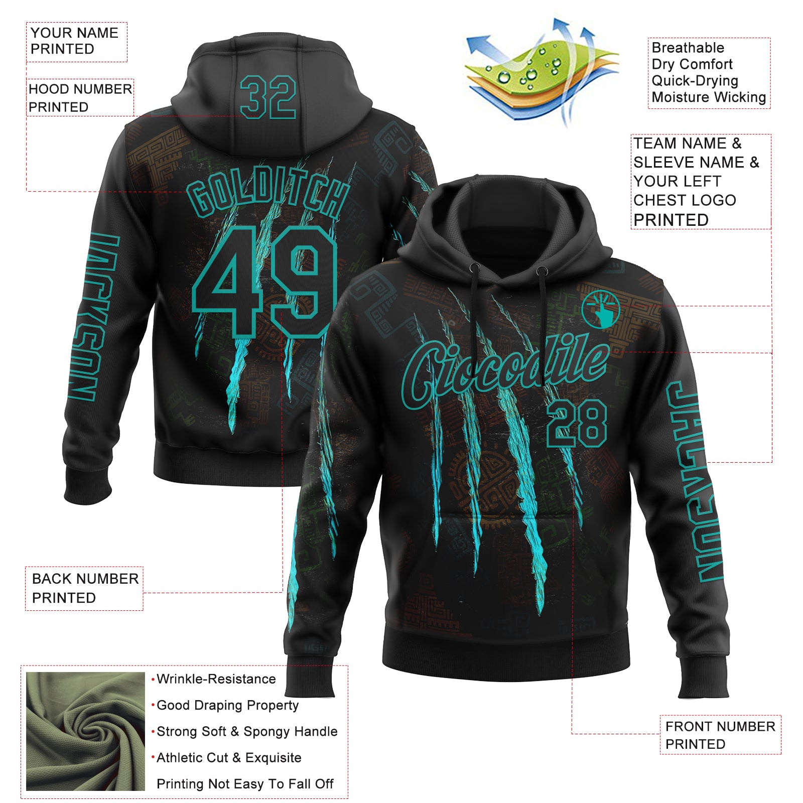 Custom Black Aqua 3D Pattern Design Scratch Tribal Sportswear Pullover Sweatshirt Hoodie