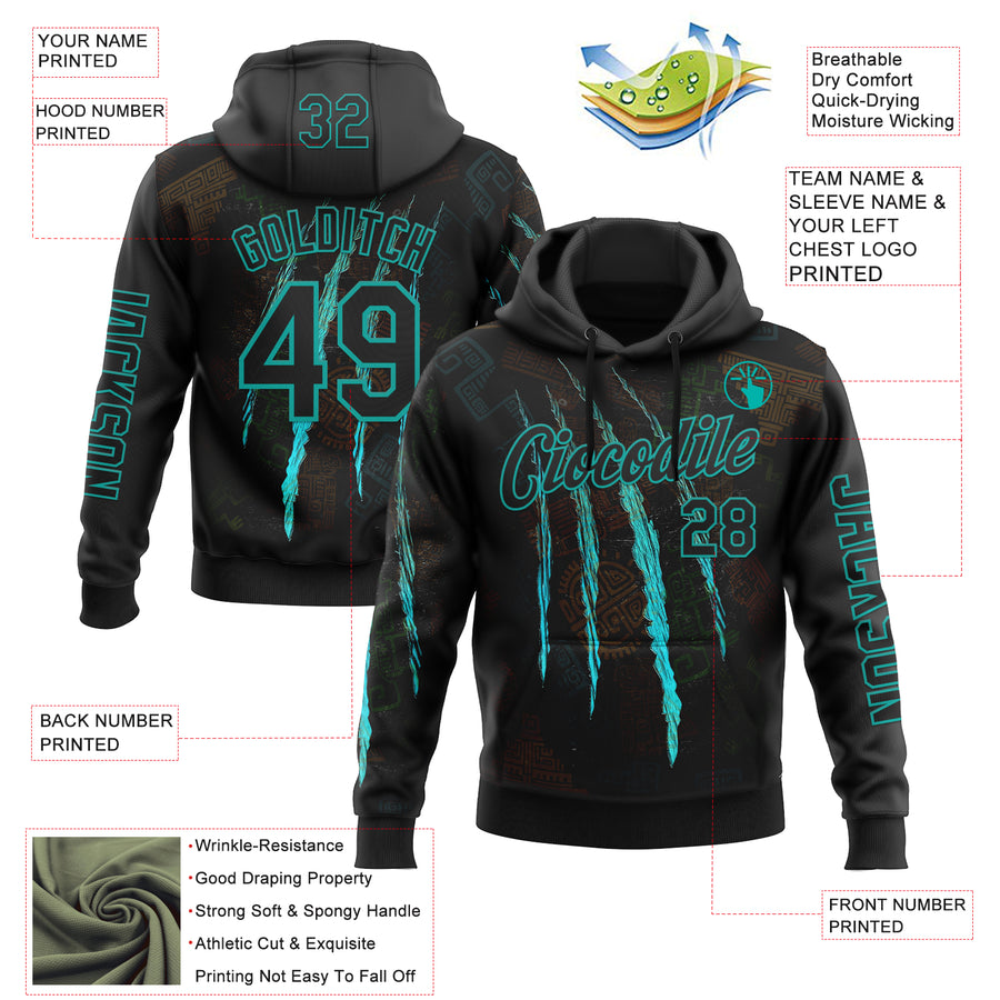 Custom Black Aqua 3D Pattern Design Scratch Tribal Sportswear Pullover Sweatshirt Hoodie