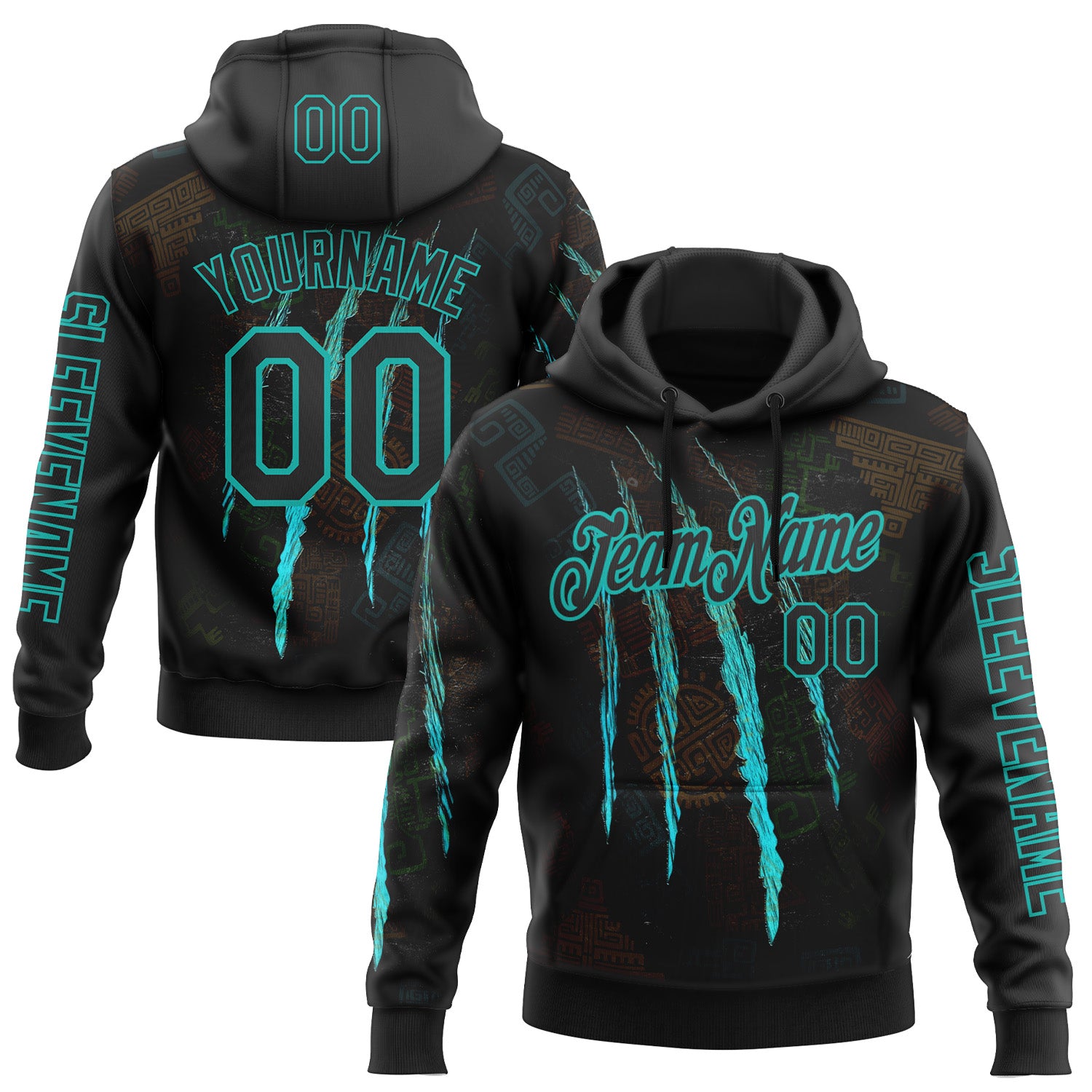 Custom Black Aqua 3D Pattern Design Scratch Tribal Sportswear Pullover Sweatshirt Hoodie