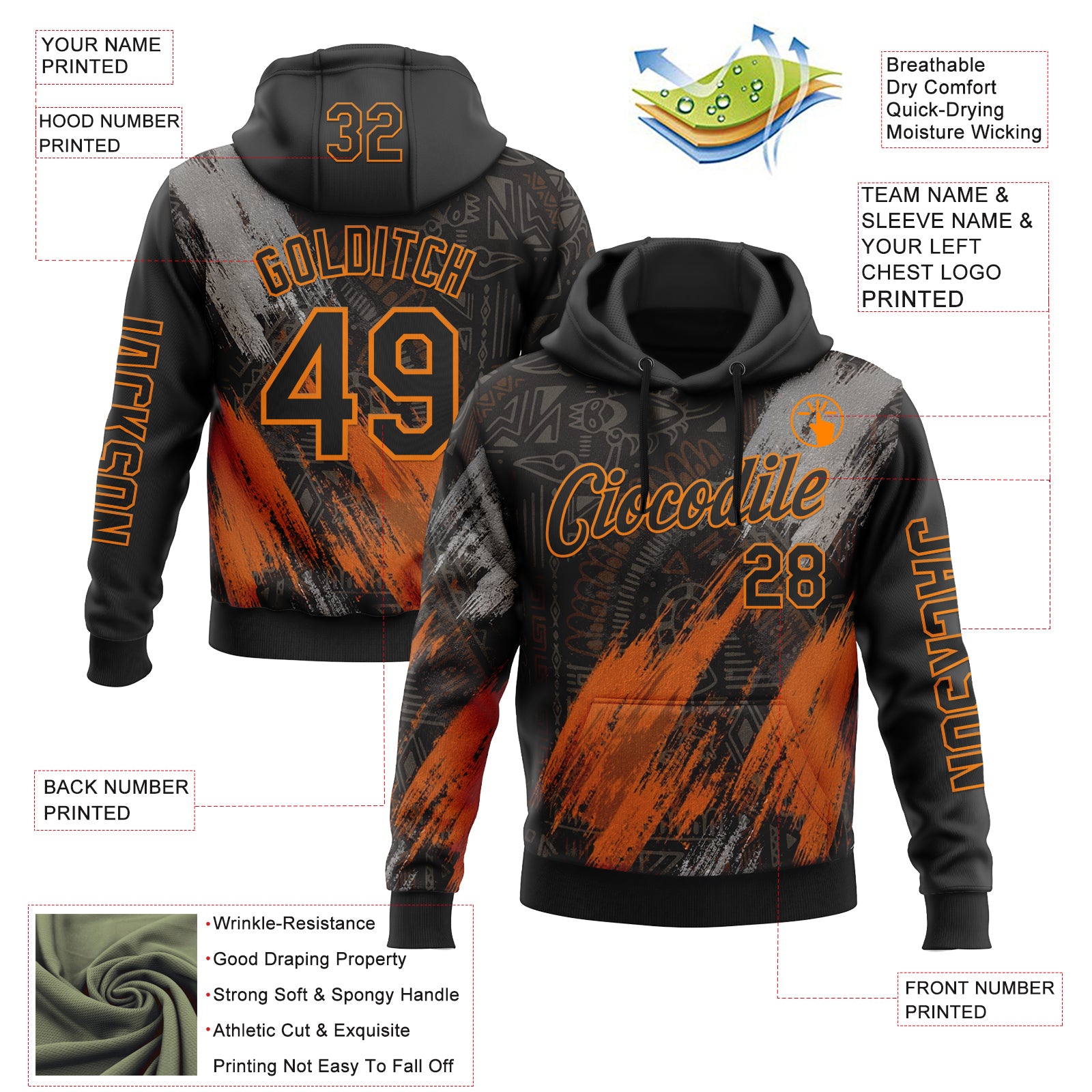 Custom Black Bay Orange-Gray 3D Pattern Design Ethnic Tribal Sportswear Pullover Sweatshirt Hoodie