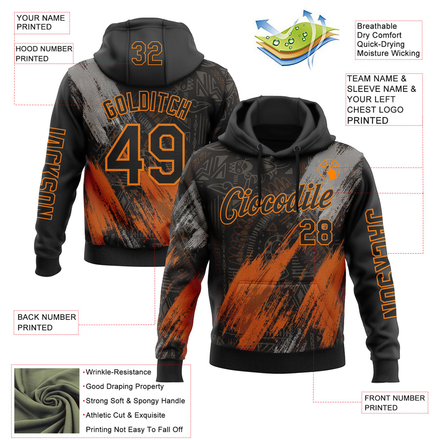 Custom Black Bay Orange-Gray 3D Pattern Design Ethnic Tribal Sportswear Pullover Sweatshirt Hoodie