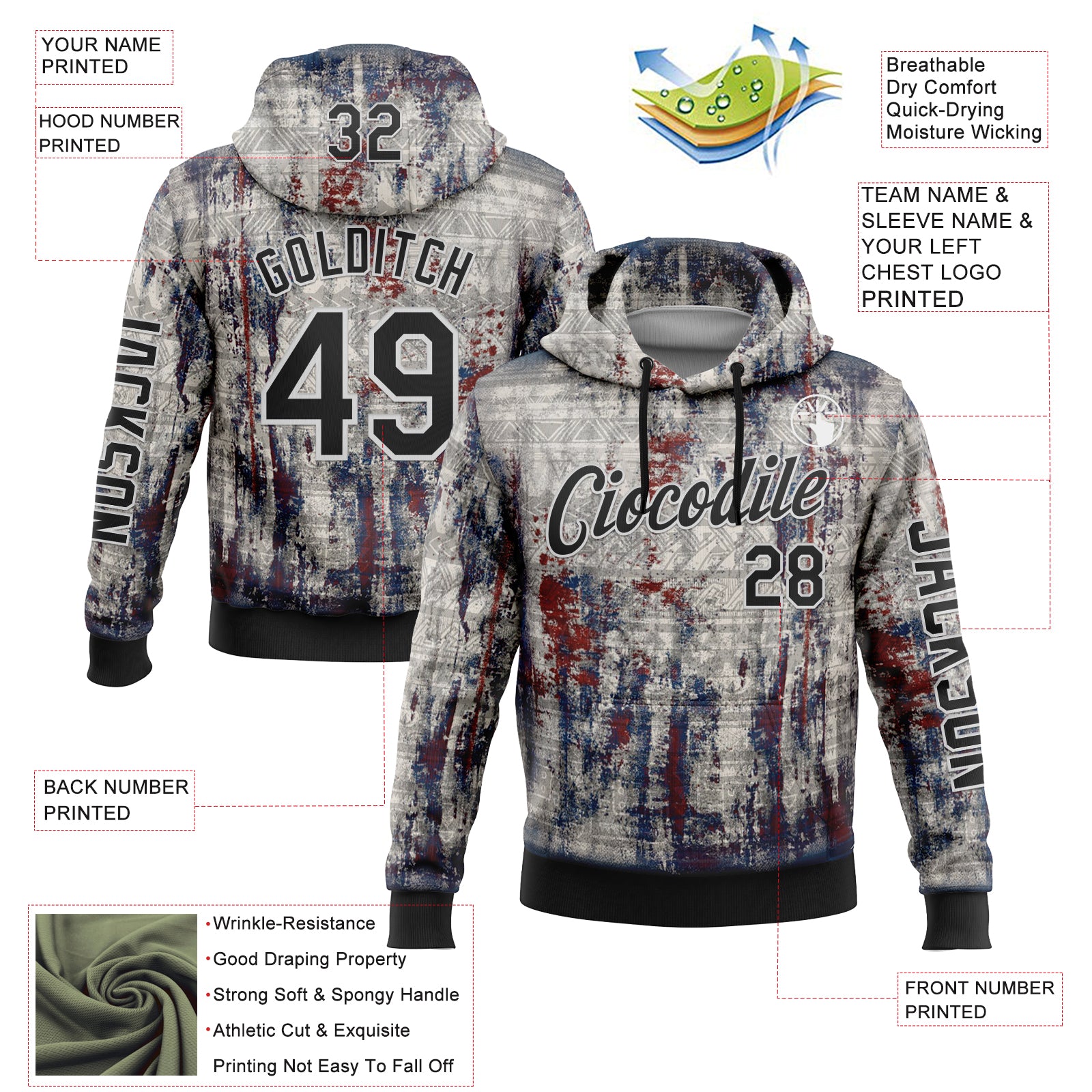 Custom Gray Black-White 3D Pattern Design Ethnic Tribal Sportswear Pullover Sweatshirt Hoodie