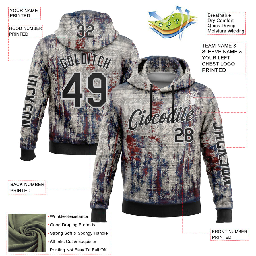 Custom Gray Black-White 3D Pattern Design Ethnic Tribal Sportswear Pullover Sweatshirt Hoodie