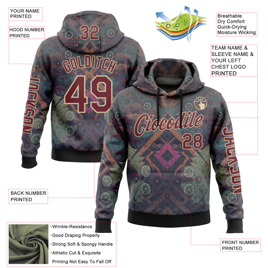 Custom Gray Burgundy-City Cream 3D Pattern Design Ethnic Tribal Sportswear Pullover Sweatshirt Hoodie