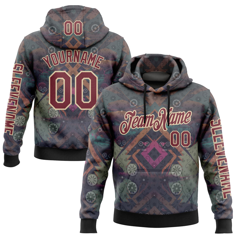 Custom Gray Burgundy-City Cream 3D Pattern Design Ethnic Tribal Sportswear Pullover Sweatshirt Hoodie