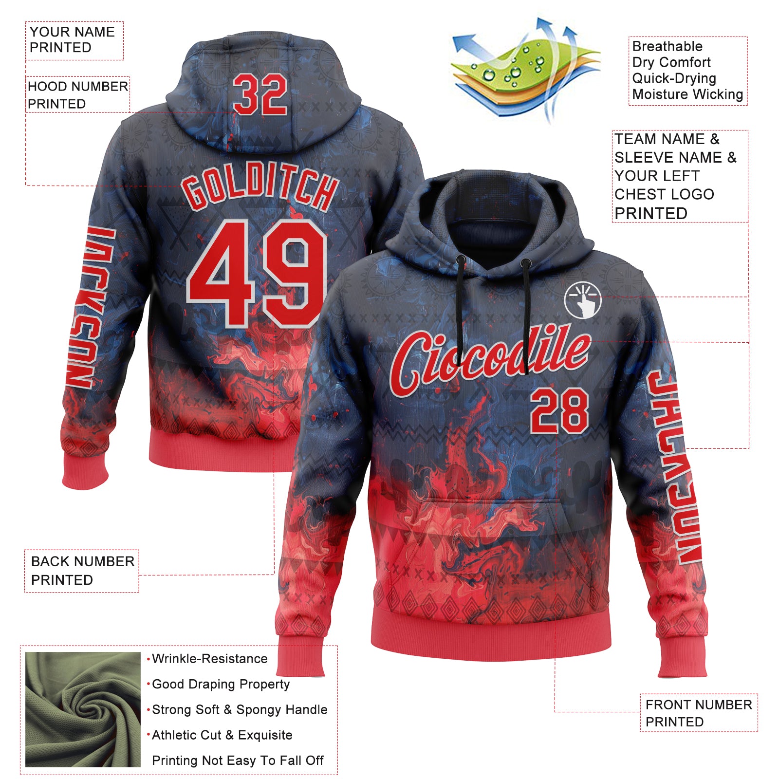 Custom Navy Fire Red-White 3D Pattern Design Ethnic Tribal Sportswear Pullover Sweatshirt Hoodie