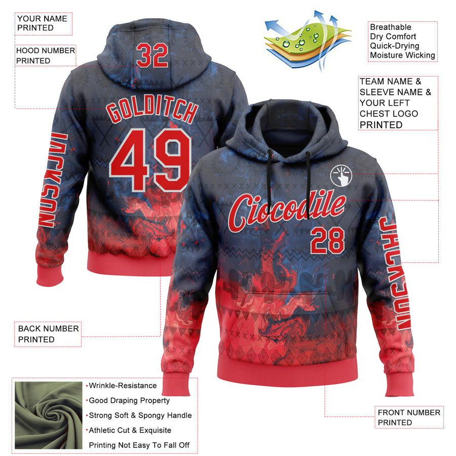 Custom Navy Fire Red-White 3D Pattern Design Ethnic Tribal Sportswear Pullover Sweatshirt Hoodie