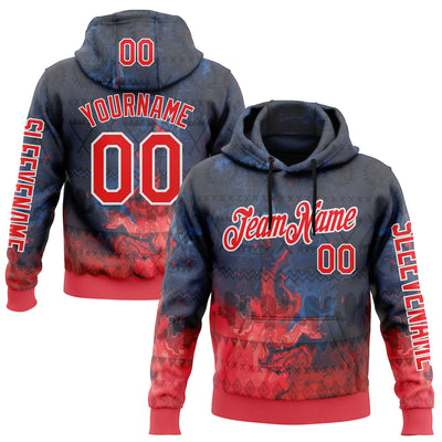 Custom Navy Fire Red-White 3D Pattern Design Ethnic Tribal Sportswear Pullover Sweatshirt Hoodie