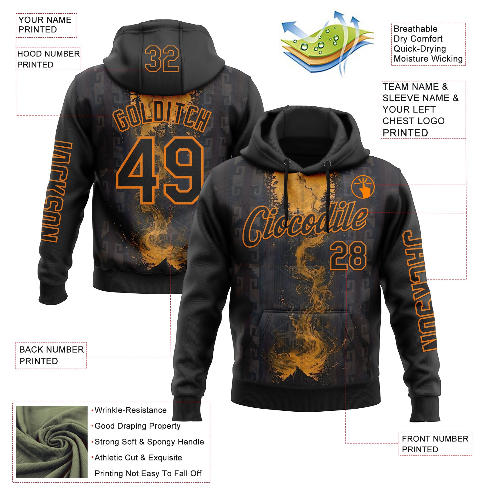 Custom Black Bay Orange 3D Pattern Design Ethnic Tribal Sportswear Pullover Sweatshirt Hoodie