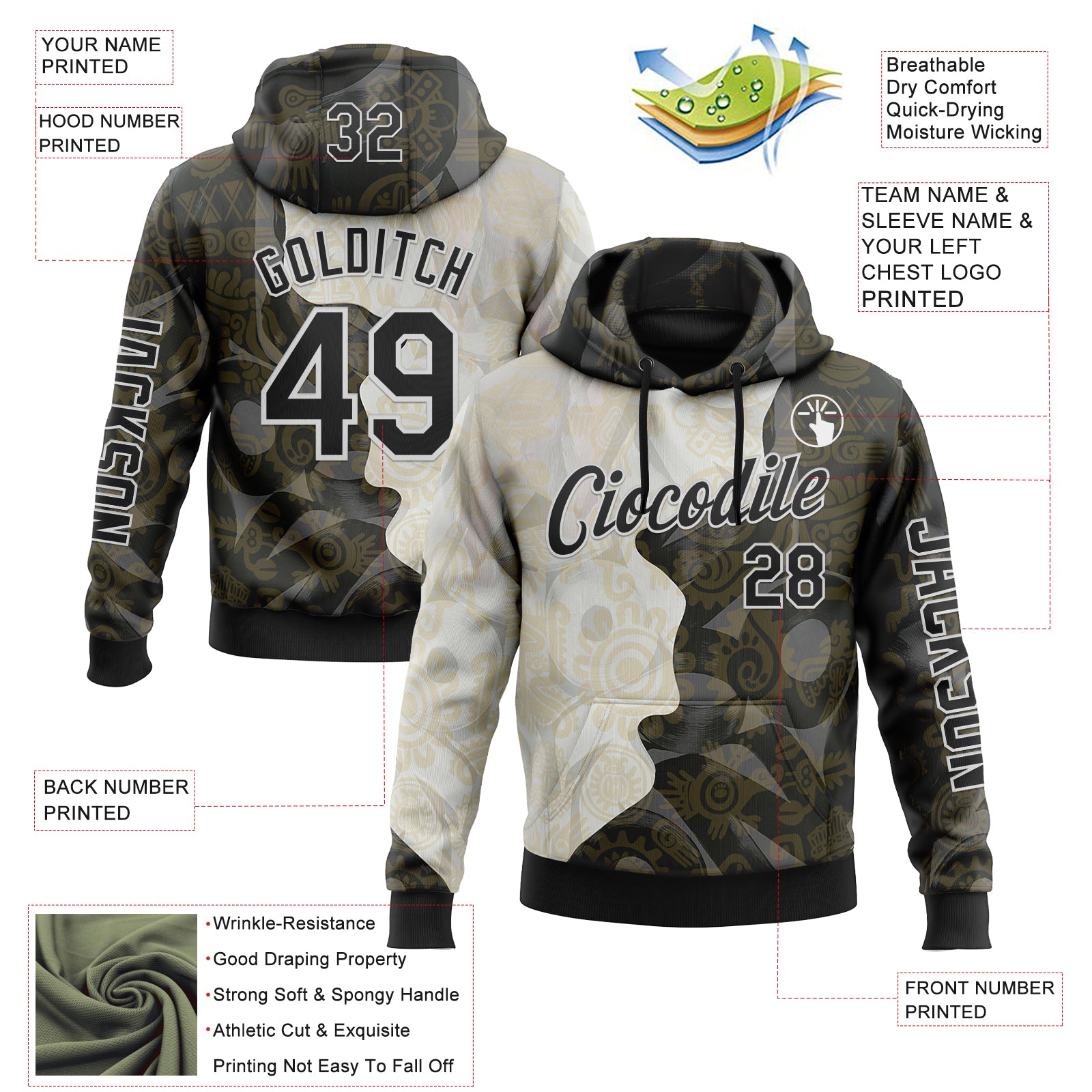 Custom Black Cream-White 3D Pattern Design Ethnic Tribal Sportswear Pullover Sweatshirt Hoodie