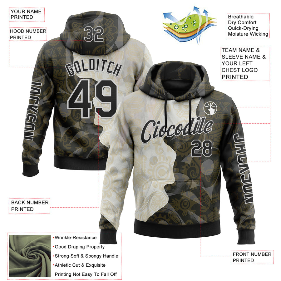 Custom Black Cream-White 3D Pattern Design Ethnic Tribal Sportswear Pullover Sweatshirt Hoodie